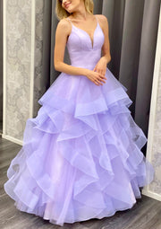 A-line V Neck Spaghetti Straps Floor-Length Lilac Tulle Prom Dress, Horsehair Ruffles