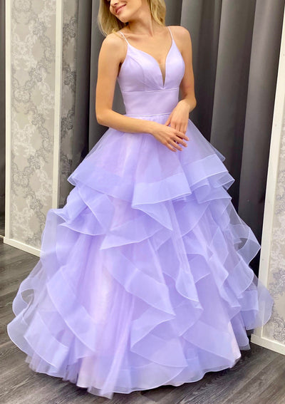 A-line V Neck Spaghetti Straps Floor-Length Lilac Tulle Prom Dress, Horsehair Ruffles