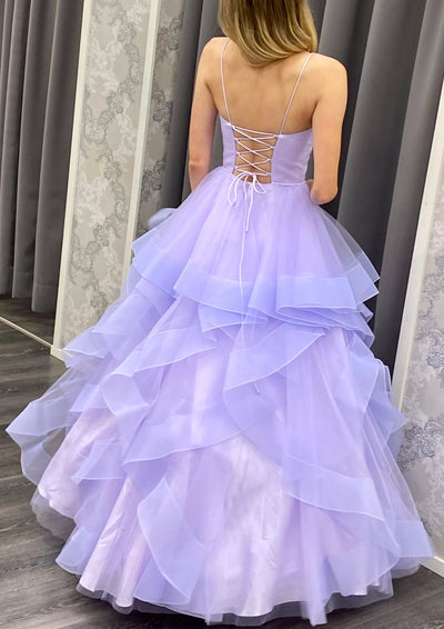 A-line V Neck Spaghetti Straps Floor-Length Lilac Tulle Prom Dress, Horsehair Ruffles