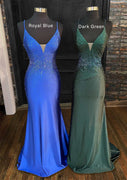 Trumpet V Neck Spaghetti Straps Sweep Train Jersey Prom Dress, Beading