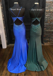 Trumpet V Neck Spaghetti Straps Sweep Train Jersey Prom Dress, Beading