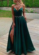 A-line V Neck Sleeveless Dark Green Satin Split Long Prom Dress, Pockets Waistband