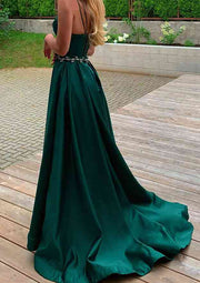 A-line V Neck Sleeveless Dark Green Satin Split Long Prom Dress, Pockets Waistband