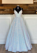 Ball Gown Sleeveless V Neck Floor-Length Sequined Sparkling Prom Dress