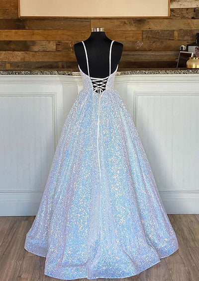 Ball Gown Sleeveless V Neck Floor-Length Sequined Sparkling Prom Dress