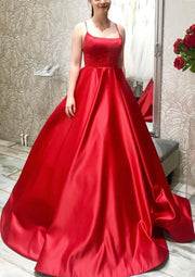 Ball Gown Square Neckline Spaghetti Straps Sweep Train Satin Prom Dress, Pockets