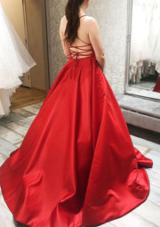 Ball Gown Square Neckline Spaghetti Straps Sweep Train Satin Prom Dress, Pockets