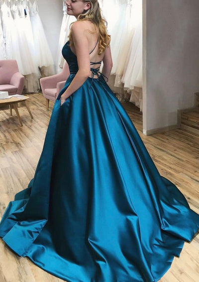 Ball Gown Square Neckline Spaghetti Straps Sweep Train Satin Prom Dress, Pockets