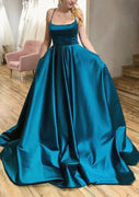 Ball Gown Square Neckline Spaghetti Straps Sweep Train Satin Prom Dress, Pockets