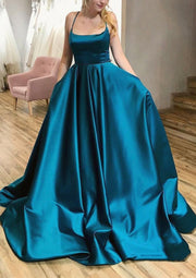 Ball Gown Square Neckline Spaghetti Straps Sweep Train Satin Prom Dress, Pockets