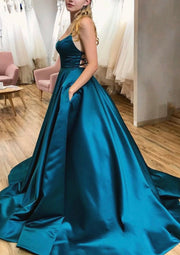 Ball Gown Square Neckline Spaghetti Straps Sweep Train Satin Prom Dress, Pockets