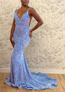 Sheath V Neck Sleeveless Backless Court Train Velvet Sequins Prom Dress