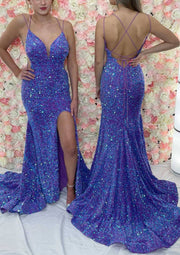 Trumpet Plunging Straps Cross Back Court Train Velvet Sequins Prom Dress, Split