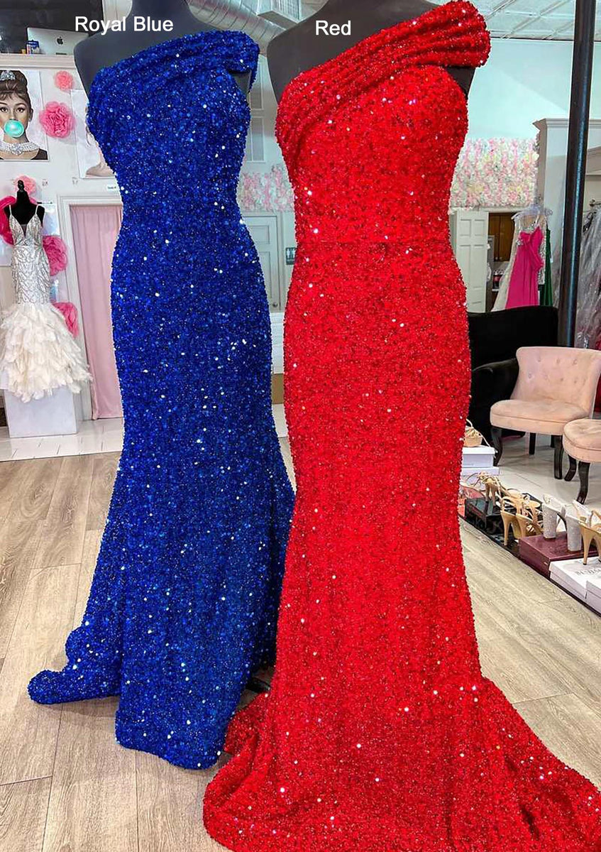 Trumpet One-Off-Shoulder Sleeveless Court Train Velvet Sequins Prom Dr ...