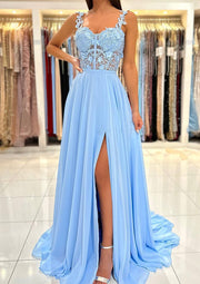 A-line Sweetheart Sleeveless Sweep Train Sky Blue Chiffon Prom Dress, Lace Split