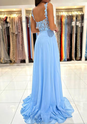 A-line Sweetheart Sleeveless Sweep Train Sky Blue Chiffon Prom Dress, Lace Split