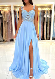 A-line Sweetheart Sleeveless Sweep Train Sky Blue Chiffon Prom Dress, Lace Split