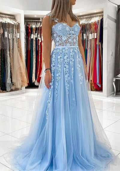 A-line Sweetheart Sleeveless Corset Lace Tulle Sweep Train Long Prom Dress