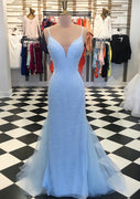 Sparkle Column V Neck Sleeveless Court Train Blue Lace Tulle Prom Dress, Fishtail