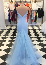 Sparkle Column V Neck Sleeveless Court Train Blue Lace Tulle Prom Dress, Fishtail