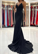 Mermaid V Neck Sleeveless Backless Sweep Train Elastic Black Satin Prom Dress