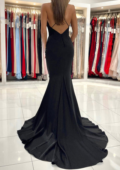 Mermaid V Neck Sleeveless Backless Sweep Train Elastic Black Satin Prom Dress