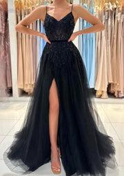 A-line V Neck Sleeveless Floor-Length Black Tulle Prom Dress, Beading Split