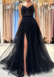 A-line V Neck Sleeveless Floor-Length Black Tulle Prom Dress, Beading Split