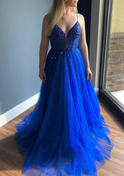 A-line Plunging Sleeveless V Back Court Train Blue Tulle Prom Dress, Beading Sequins