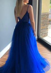 A-line Plunging Sleeveless V Back Court Train Blue Tulle Prom Dress, Beading Sequins