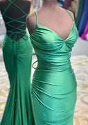 Sheath V Neck Sleeveless Strappy Back Sweep Train Jersey Prom Dress, Fishtail