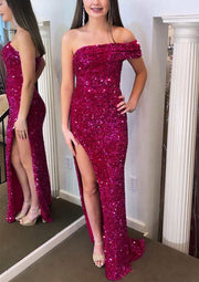 Trumpet One-Off-Shoulder Sleeveless Court Train Velvet Sequins Prom Dress, Slit