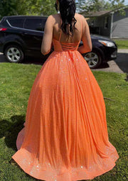 Ball Gown V Neck Sleeveless Sweep Train Orange Sequined Prom Dress, Pockets