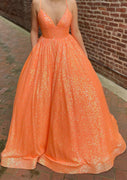 Ball Gown V Neck Sleeveless Sweep Train Orange Sequined Prom Dress, Pockets