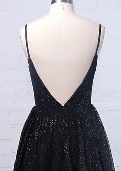 A-line V Neck Sleeveless Metallic Yarn Floor-Length Prom Dress, Split Pockets Sequins