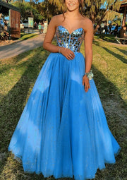 Princess Sweetheart Strapless Corset Floor-Length Tulle Prom Dress, Crystal Sequins Glitter