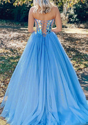 Princess Sweetheart Strapless Corset Floor-Length Tulle Prom Dress, Crystal Sequins Glitter