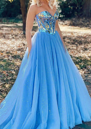 Princess Sweetheart Strapless Corset Floor-Length Tulle Prom Dress, Crystal Sequins Glitter