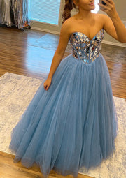 Princess Sweetheart Strapless Corset Floor-Length Tulle Prom Dress, Crystal Sequins Glitter