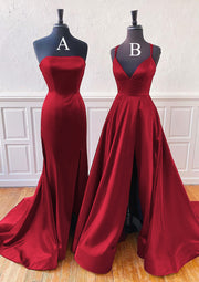 A-line Mermaid Sleeveless Sweep Train Burgundy Satin Prom Dress, Split