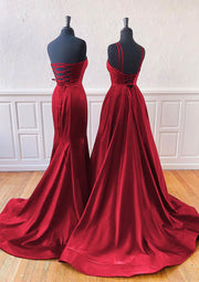 A-line Mermaid Sleeveless Sweep Train Burgundy Satin Prom Dress, Split