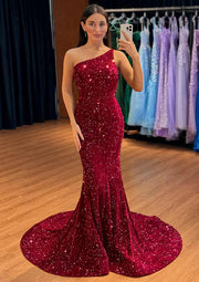 Trumpet One-Shoulder Sweep Train Burgundy Velvet Sequins Long Prom Dress