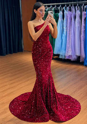 Trumpet One-Shoulder Sweep Train Burgundy Velvet Sequins Long Prom Dress