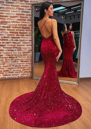 Trumpet One-Shoulder Sweep Train Burgundy Velvet Sequins Long Prom Dress