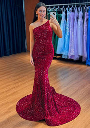 Trumpet One-Shoulder Sweep Train Burgundy Velvet Sequins Long Prom Dress