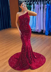 Trumpet One-Shoulder Sweep Train Burgundy Velvet Sequins Long Prom Dress