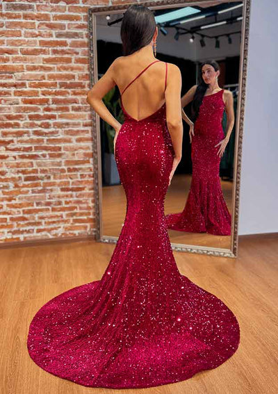 Trumpet One-Shoulder Sweep Train Burgundy Velvet Sequins Long Prom Dress