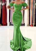 Mermaid Off Shoulder Sweetheart Short Sleeve Satin Sweep Train Prom Dress, Fishtail