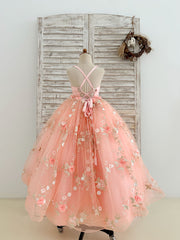 Ball Gown Sweetheart 3D Flowers Beaded Pink Tulle Wedding Flower Girl Dress