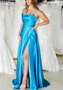 A-line Cowl Neck Spaghetti Straps Sweep Train Charmeuse Prom Dress, Split Pockets